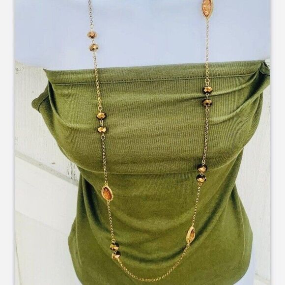 Vintage Women’s Faceted Glass Beaded Copper Long Station Chain Necklace 30” - Picture 1 of 8
